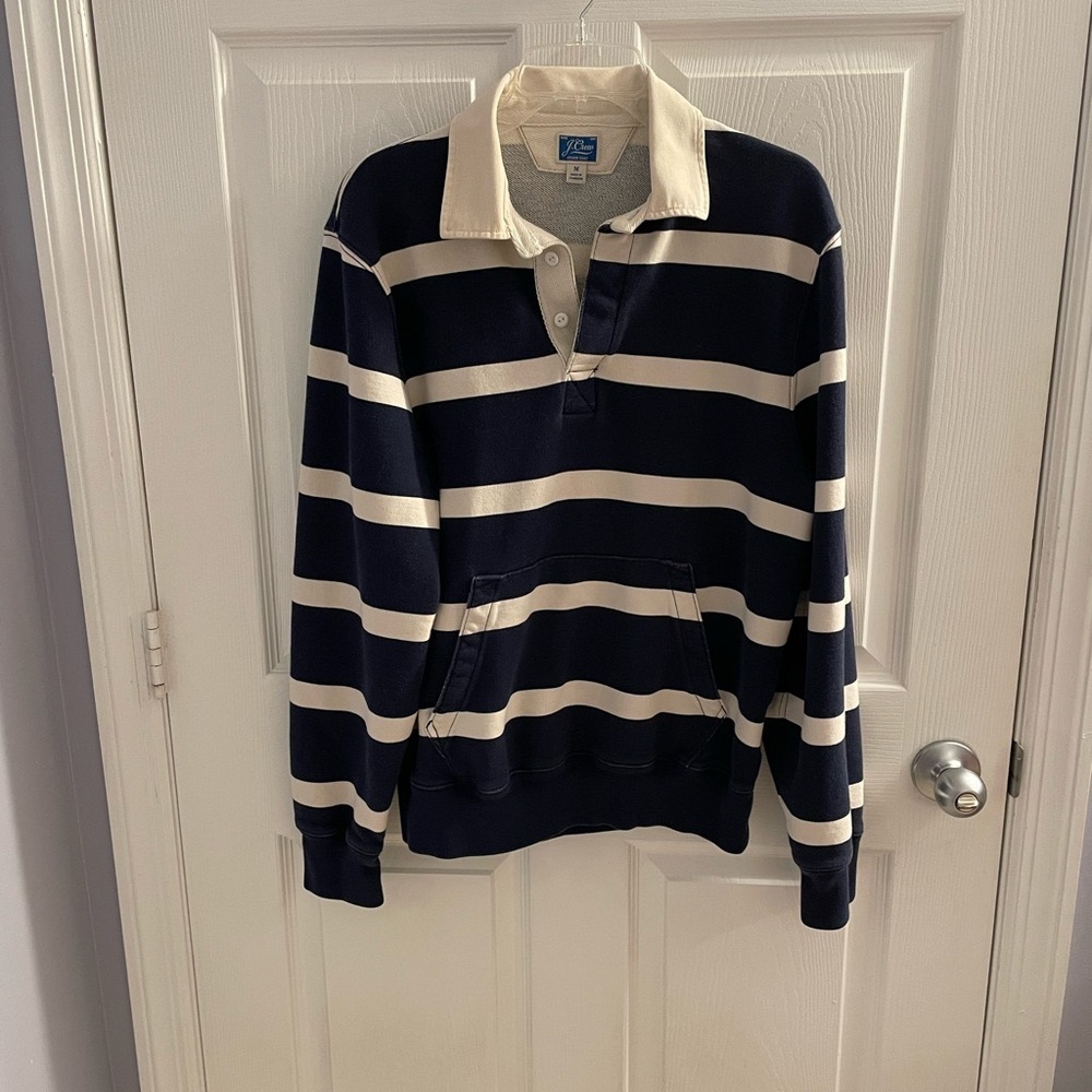 J. Crew French Terry Rugby Sweatshirt EUC Navy and Cream Stripes Size Medium Men